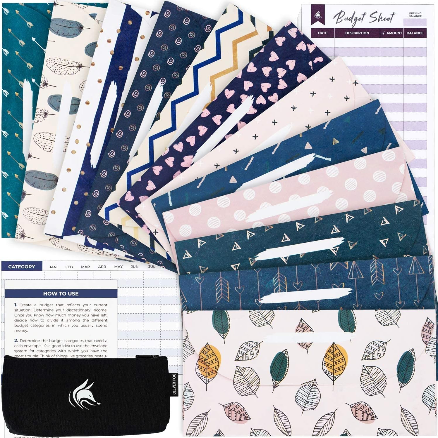 Clever Fox Cash Envelopes for Budgeting System – Budget Envelopes for Cash Budgeting and Saving, Tear and Water Resistant, Includes Carry Pouch & 12 Expense Tracking Budget Sheets, 12 Pack - Chic