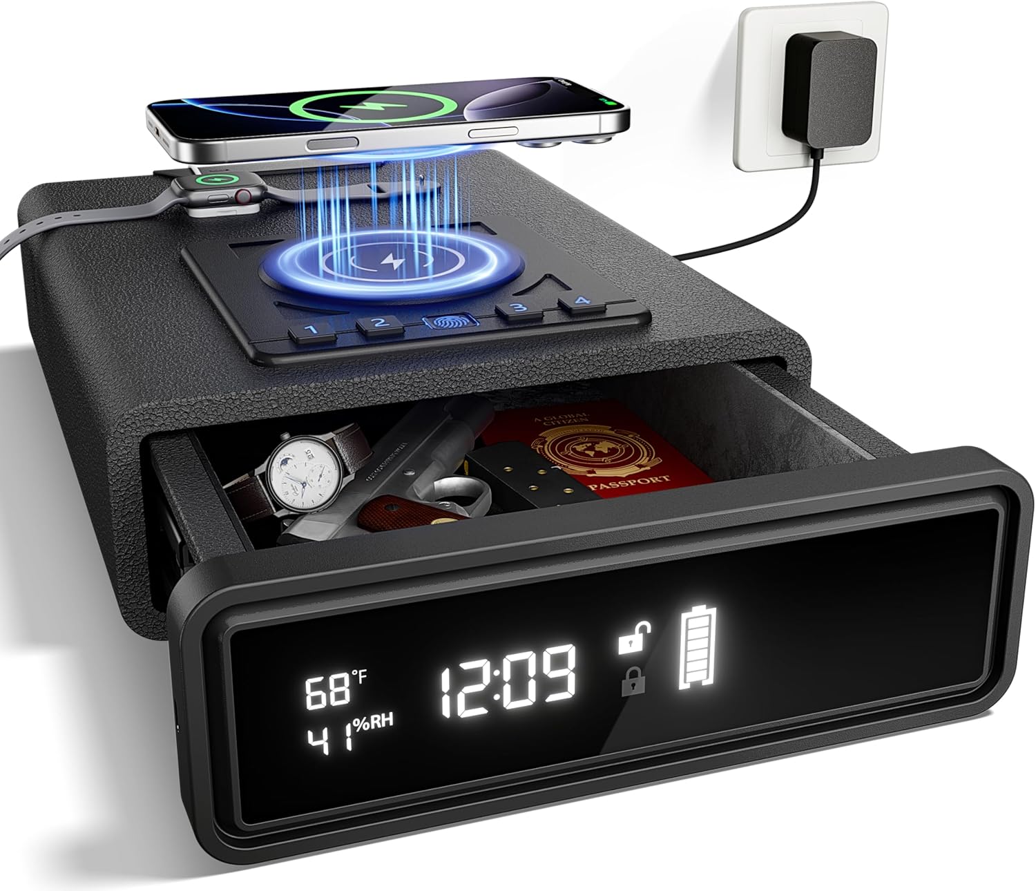 Biometric Safe with Wireless Charging, 3 Access Methods to Unlock, Nightstand Drawer Safe LED Display with Humidity & Temp, Money Box for Cash and Valuables,Birthday Gifts for Women