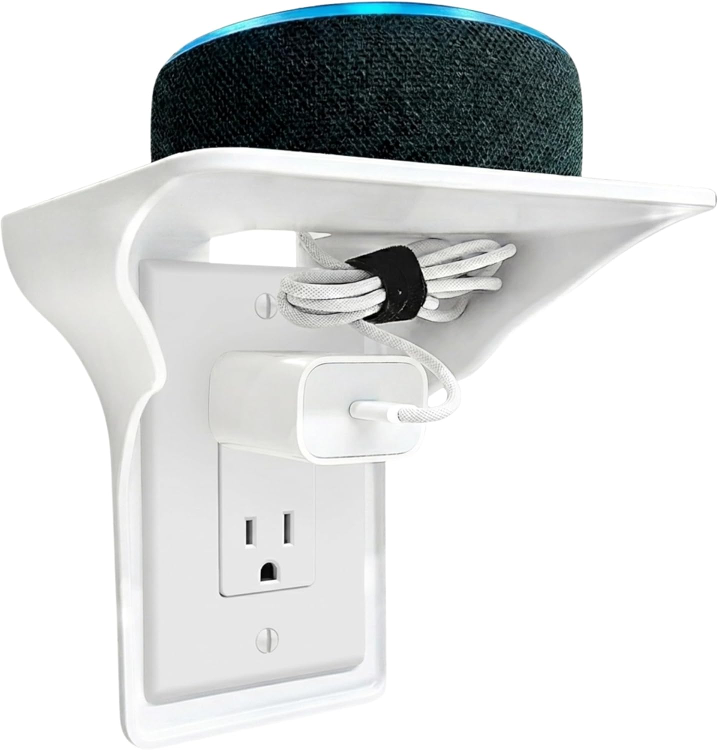 Power Perch Wall Outlet Shelf with Cord Storage Strap – BeraTek Socket Shelf for Bedroom, Bathroom & Kitchen – Apple HomePod Mini Wall Mount, Alexa Stand Holder, Echo Dot Shelf – White, 1 Pack