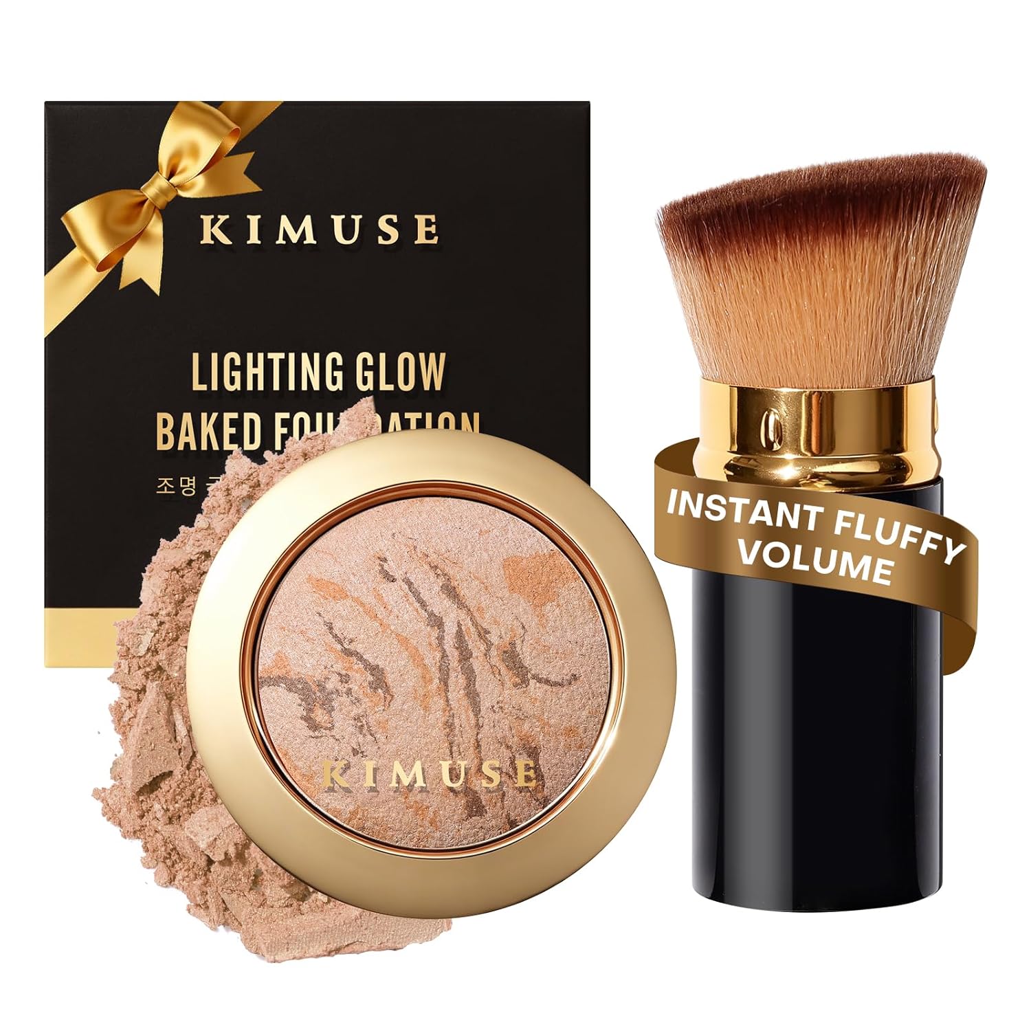KIMUSE Baked Foundation - Brighten Color Correcting Powder Foundation with Retractable Kabuki Brush Makeup Set for Mature Skin, Buildable Coverage, Radiant Natural Finish
